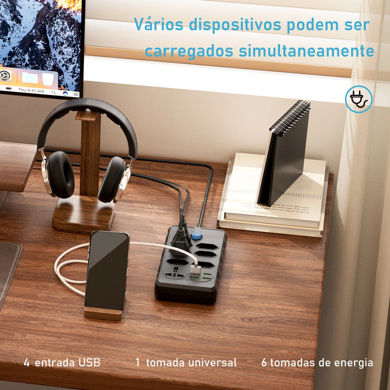 Tomada de extensão, filtro de linha com tomada USB 100-220V - Rei Das Novidades 