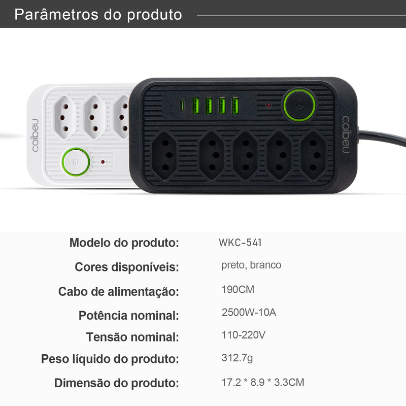 Tomada de extensão, filtro de linha com tomada USB 100-220V - Rei Das Novidades 